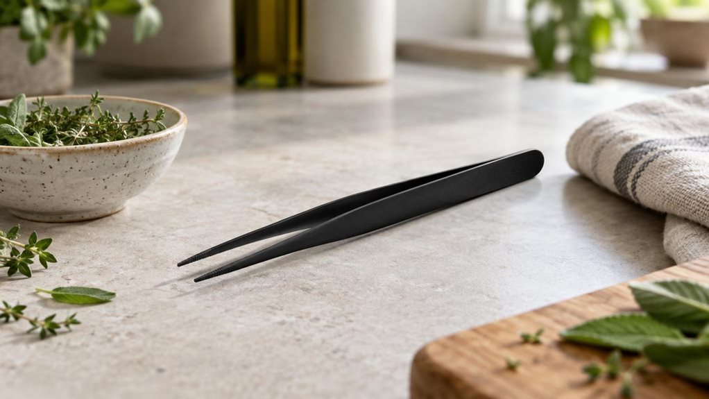 A photograph of a single pair of black polyamide kitchen tweezers resting diagonally on a pale stone countertop beside a small ceramic bowl of herbs and a folded linen towel. The tweezers are the clear hero, shown in crisp detail with their slim, gently tapered tips and subtle matte texture, while the softly blurred background suggests a calm, contemporary home kitchen. A few fresh leaves and a wooden cutting board sit nearby, adding natural context without clutter. The scene