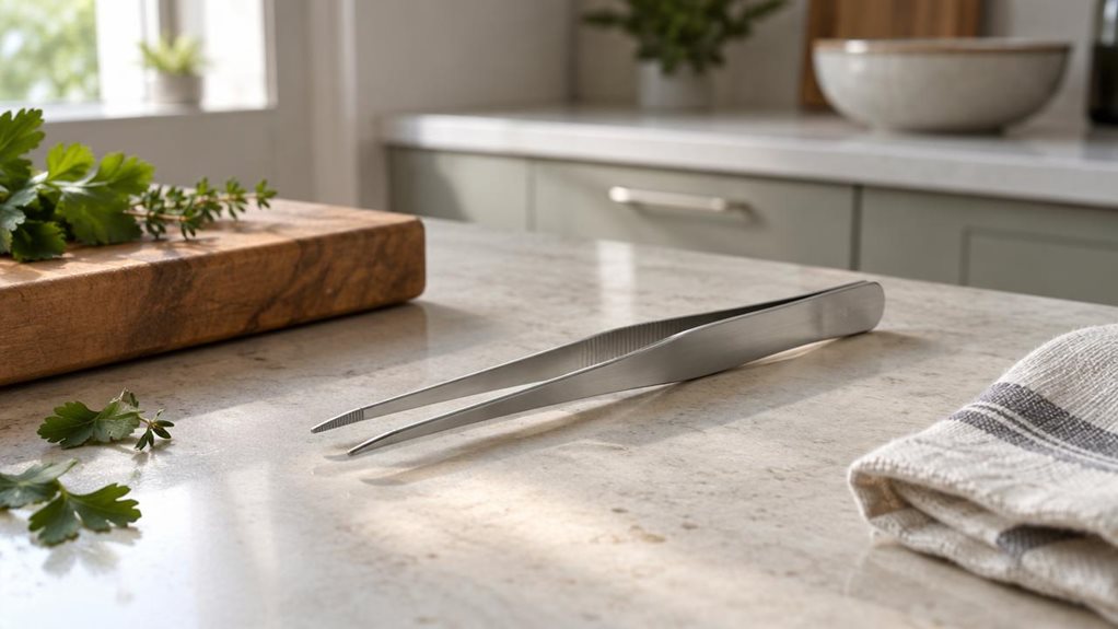 A photograph of a single pair of stainless steel kitchen tweezers resting diagonally on a pale stone countertop beside a wooden cutting board. Their slender, brushed-metal arms and precise tapered tips catch the soft morning light from a nearby window, with subtle reflections that make the finish feel realistic. A few fresh herb leaves and a neatly folded linen towel sit nearby, suggesting an everyday home kitchen without making the scene feel staged. In the softly blurred ba