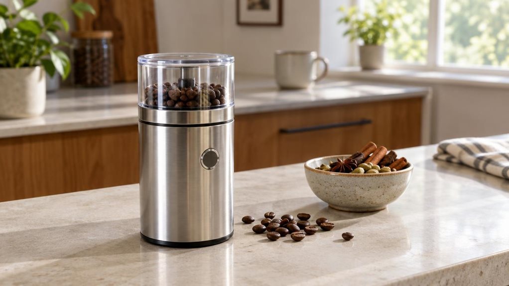A photograph of a single stainless-steel coffee and spice mill resting on a pale stone kitchen counter, composed as a horizontal 16:9 landscape scene. Its compact cylindrical body and clear-topped grinding chamber are sharply in focus, with a few coffee beans scattered casually nearby and a small ceramic bowl of whole spices suggesting everyday use. In the softly blurred background, a warm wood cabinet, a simple coffee cup, and a sunlit window create a calm, modern kitchen se