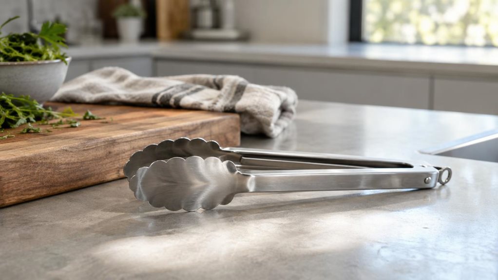 A photograph of a single pair of 30 cm stainless-steel cooking tongs resting naturally beside a wooden cutting board on a clean, modern kitchen counter. Their brushed metal arms and scalloped tips catch the soft daylight, with subtle reflections emphasizing the realistic finish and sturdy construction. A folded linen towel and a small bowl of fresh herbs sit nearby, suggesting an everyday cooking space without making the scene feel staged. The tongs are the clear hero, shown 