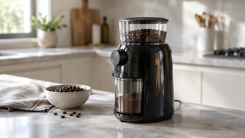 A photograph of a single compact black coffee grinder resting naturally on a kitchen counter, composed as a horizontal 16:9 landscape scene. Its rounded, glossy housing and clear-lidded grinding chamber are sharply rendered, with subtle reflections from a nearby window; the grinder is switched off and no one is using it. A small bowl of coffee beans and a folded linen towel sit casually nearby, suggesting an everyday coffee-making space without distracting from the product. T
