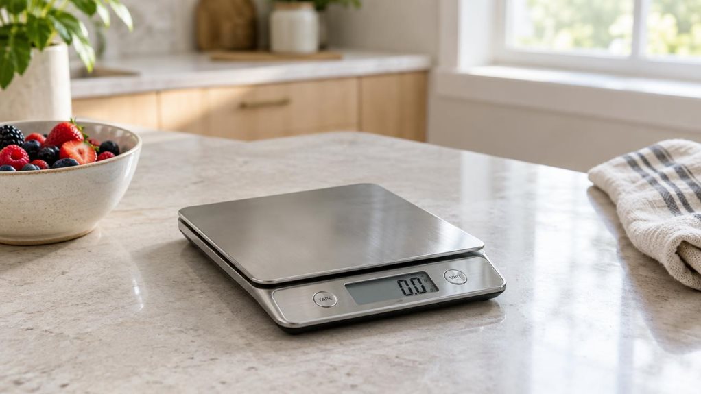 A photograph of a single digital kitchen scale resting naturally on a pale stone countertop in a bright, modern home kitchen, composed as a horizontal 16:9 landscape scene. The scale has a slim, brushed stainless-steel platform, a clear digital display, and understated buttons, with no visible logo or brand name. A small ceramic bowl of berries and a folded linen tea towel sit nearby, suggesting everyday meal preparation without drawing attention from the product. The scene f