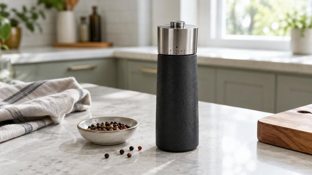 A photograph of a single adjustable ceramic ratchet grinder resting on a pale stone kitchen counter beside a small dish of peppercorns. The grinder is the clear hero, shown upright with a gently textured dark body, a brushed-metal top, and a subtle adjustment dial that suggests its practical, precise design. A folded linen tea towel and the soft edge of a wooden cutting board sit nearby, adding a lived-in, everyday kitchen feel without distracting from the product. In the sof