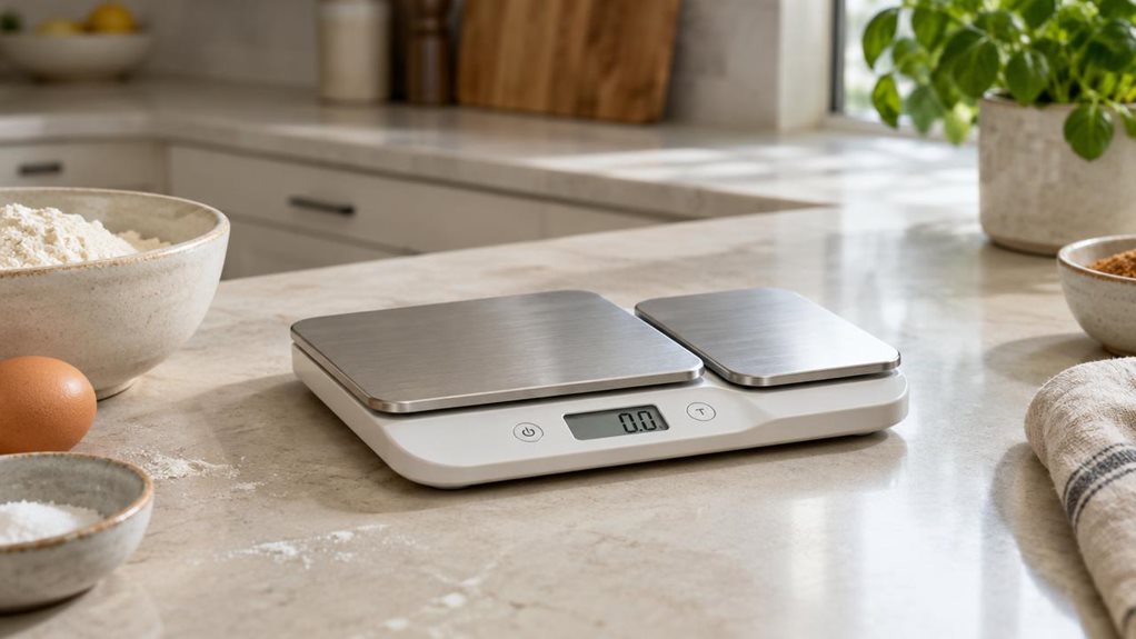 A photograph of a single dual-platform kitchen scale resting naturally on a pale stone countertop in a calm, modern home kitchen. The scale has two distinct weighing surfaces, a compact digital display, and a clean, understated design in brushed stainless steel and matte white, with no visible branding. A small ceramic bowl of flour and a few loose ingredients sit nearby, suggesting everyday baking without making the scene feel staged or mid-action. Soft window light falls ac