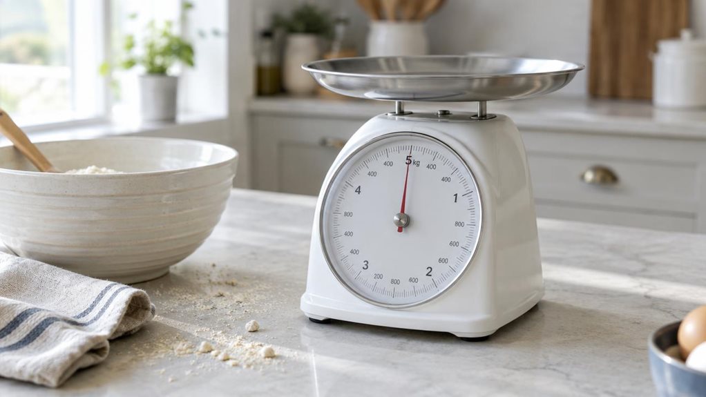 A photograph of a single mechanical kitchen scale resting on a pale stone countertop in a bright, modern home kitchen. The scale is the clear hero, shown at a natural three-quarter angle, with a broad circular weighing platform, a clean white body, and a large, easy-to-read analog dial with fine measurement markings. Nearby, a ceramic mixing bowl, a folded linen towel, and a few scattered flour crumbs suggest everyday baking without making the scene feel staged. Soft daylight