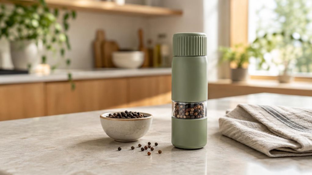 A photograph of a sage-green 2-in-1 spice mill resting on a pale stone kitchen counter, composed as a horizontal 16:9 landscape scene. The mill is the clear hero, shown upright beside a small ceramic bowl of whole peppercorns and a folded linen towel, with its clean, compact form and textured grinding cap in crisp focus. A few scattered peppercorns add a natural, lived-in touch without making the scene feel staged. In the softly blurred background, warm wood cabinetry and a s