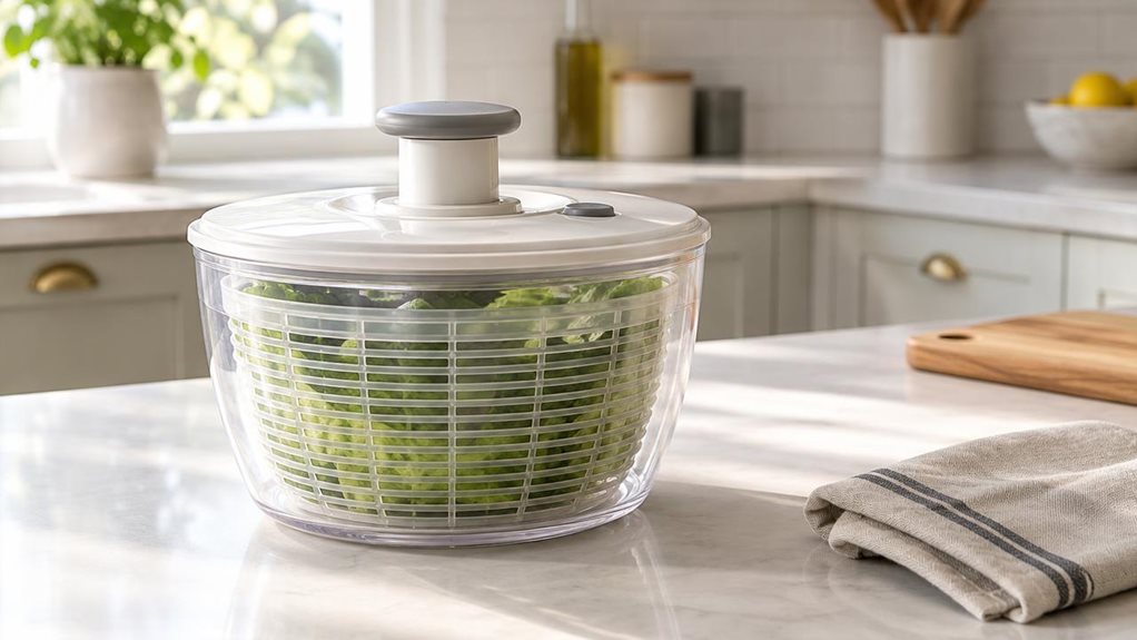 A photograph of a single salad spinner resting on a bright, uncluttered kitchen counter, composed as a horizontal 16:9 landscape scene. The clear bowl reveals fresh green lettuce leaves inside, while the matching lid and central handle are rendered with realistic molded details and a subtle, everyday sheen. Nearby, a folded linen towel and a small wooden cutting board add a relaxed, lived-in touch without distracting from the product. Soft natural light from a kitchen window