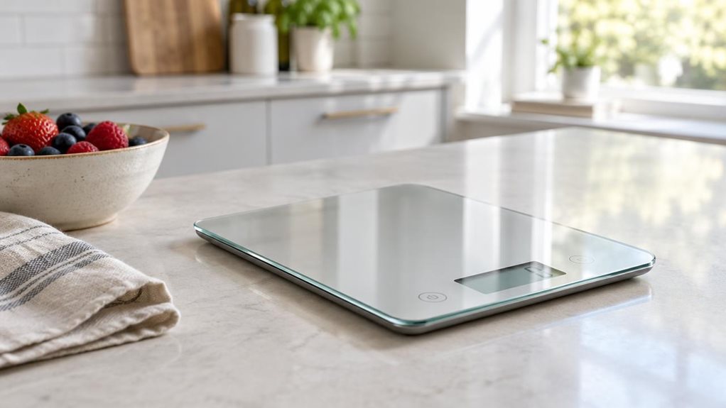 A photograph of a single ultra-thin digital kitchen scale resting on a pale stone countertop in a bright, modern home kitchen. The scale is the clear hero, its slim rectangular glass platform and subtle, unbranded digital display shown at a natural three-quarter angle. Nearby, a small ceramic bowl of berries and a folded linen tea towel suggest everyday cooking without obscuring the product; nothing is being weighed, and the scene feels casually observed rather than staged mi