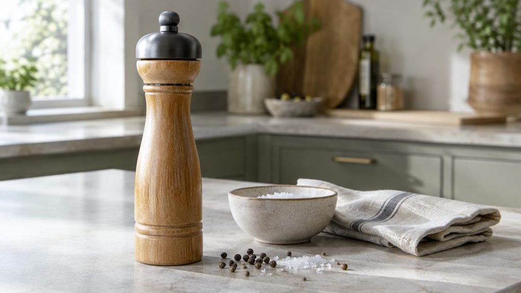 A photograph of a single oversized salt and pepper mill standing on a pale stone kitchen counter, its smooth natural-wood body and dark metal grinding cap clearly visible. The mill is the hero of a horizontally composed 16:9 landscape scene, placed beside a simple ceramic bowl and a folded linen napkin in a calm, modern kitchen. A few scattered peppercorns and coarse salt crystals rest nearby, suggesting everyday use without showing anyone mid-action. Soft window light falls