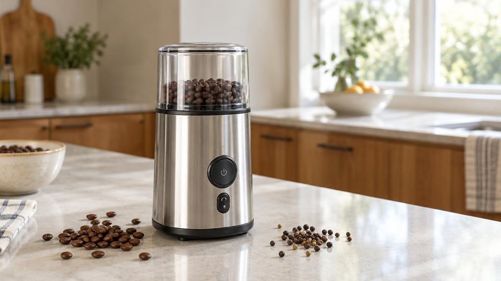 A photograph of a single compact stainless-steel spice and coffee mill resting on a pale stone kitchen countertop, composed as a 16:9 landscape scene. Its brushed metal body, clear grinding cup, and simple dark controls are sharply in focus, with a few coffee beans and whole peppercorns scattered nearby for a natural, lived-in touch. In the softly blurred background, warm wooden cabinetry, a ceramic bowl, and a sunlit window suggest a calm, modern home kitchen. Gentle natural