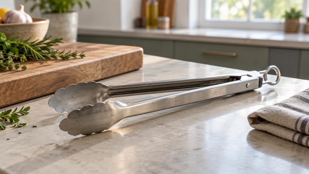 A photograph of a single pair of 30 cm stainless-steel locking kitchen tongs resting diagonally on a pale stone countertop beside a wooden cutting board, in a calm, modern home kitchen. Their brushed metal arms, scalloped gripping ends, central hinge, and small locking loop are clearly visible, with realistic reflections and subtle signs of everyday use. A folded linen towel and a few fresh herbs sit nearby, adding a natural cooking context without distracting from the tongs.