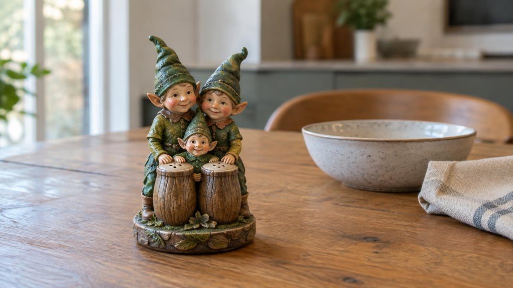 A photograph of a single elf-family salt and pepper mill set on a warm oak dining table, composed as a horizontal 16:9 landscape. The whimsical mill features a small, sculpted family of elves gathered around a shared base, with finely painted faces, textured green clothing, and a softly aged, hand-finished appearance. It sits naturally beside a simple ceramic bowl and folded linen napkin, as if casually left out after a meal. The product is the clear hero, captured at table h