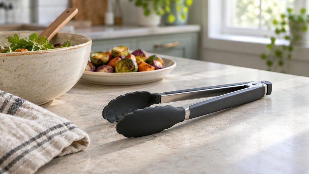 A photograph of a single pair of sleek silicone-tipped kitchen tongs resting casually beside a ceramic serving bowl on a pale stone countertop, in a horizontally composed 16:9 landscape scene. The tongs are the clear hero, shown in crisp detail with matte dark handles, softly curved silicone tips, and a subtle stainless-steel hinge; no logo or lettering is visible. A folded linen tea towel and a small dish of roasted vegetables nearby suggest a well-used, welcoming home kitch