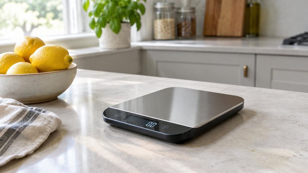 A photograph of a single sleek digital kitchen scale resting on a pale stone countertop in a bright, modern home kitchen, composed as a horizontal 16:9 landscape scene. The scale is the clear hero, viewed at a natural three-quarter angle, with its broad weighing platform and subtle digital display visible. A ceramic bowl of fresh lemons and a folded linen tea towel sit nearby, suggesting everyday use without making the scene feel staged. Soft daylight falls in from a window, 