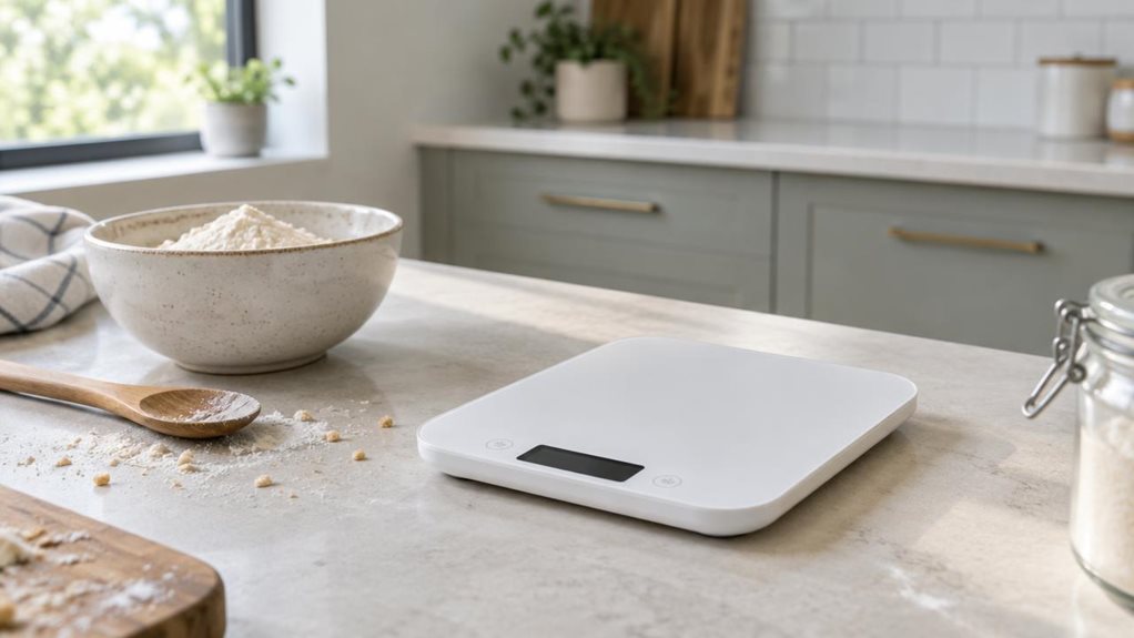A photograph of a single compact digital kitchen scale resting on a pale stone countertop in a bright, modern home kitchen. The scale has a slim, square white platform with softly rounded corners and a discreet dark display along its front edge, with no visible logo or brand name. A small ceramic bowl of flour sits nearby, alongside a wooden spoon and a few scattered crumbs, suggesting everyday baking without showing anyone mid-action. The product is the clear hero, viewed at