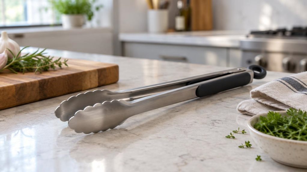 A photograph of a single pair of sleek stainless-steel food tongs resting diagonally on a pale stone kitchen counter beside a wooden chopping board. Their brushed metal arms, gently scalloped gripping ends, and dark ergonomic handle are clearly visible, with subtle reflections lending a realistic, premium finish. A folded linen tea towel and a small bowl of fresh herbs sit nearby, suggesting an everyday home-cooking setting without distracting from the tongs. The scene is hor