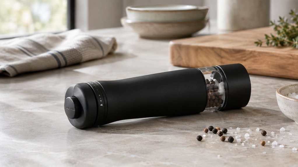 A photograph of a single black spice mill resting naturally on a pale stone kitchen counter, composed horizontally in a 16:9 landscape frame. Its smooth, matte-black body and subtle adjustment dial are in crisp focus, with a glimpse of the ceramic grinding mechanism visible through a small transparent section near the base. A few peppercorns and coarse salt crystals lie casually nearby, suggesting everyday use without showing anyone mid-action. In the softly blurred backgroun