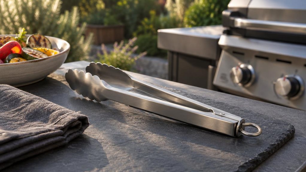 A photograph of a single pair of compact stainless-steel BBQ serving tongs resting diagonally on a dark slate board beside an outdoor grill. Their brushed metal arms and gently scalloped tips catch the warm late-afternoon light, while the clean, practical design feels at home in a modern backyard kitchen. A folded charcoal linen napkin and a small bowl of grilled vegetables sit nearby, adding a relaxed, lived-in touch without distracting from the tongs. The grill and garden g