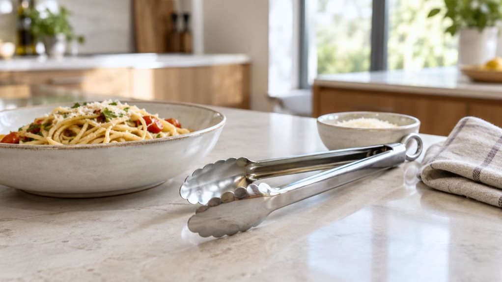A photograph of a single pair of 23 cm stainless-steel pasta tongs resting casually beside a shallow ceramic bowl of freshly served spaghetti on a light stone kitchen counter. The tongs are the clear hero, their polished metal arms and scalloped gripping ends catching soft highlights, with a simple looped handle visible. A folded linen napkin and a small dish of grated cheese sit nearby, suggesting an everyday meal without feeling staged. In the softly blurred background, a c