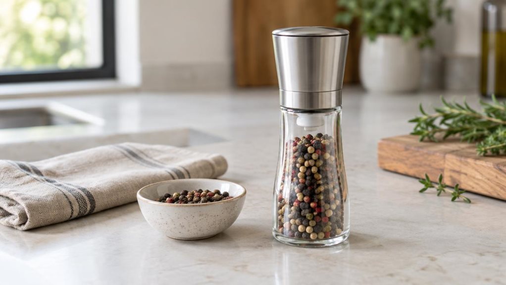 A photograph of a single elegant spice mill resting on a pale stone kitchen counter, composed as a horizontal 16:9 landscape scene. The mill has a clear glass body filled with mixed peppercorns, a smooth brushed-metal cap, and a subtle ceramic grinding mechanism visible through the glass. It stands naturally beside a small ceramic bowl of loose peppercorns and a folded linen kitchen towel, with a wooden cutting board and a few fresh herbs softly out of focus nearby. The scene