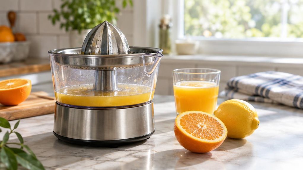 A photograph of a single compact citrus juicer resting on a bright, lived-in kitchen counter, composed horizontally in a 16:9 landscape frame. The juicer is the clear hero: a polished stainless-steel body, a transparent juice container, and a reamer with a few fresh droplets catching the light. Beside it sit a halved orange, a lemon, and a small glass of freshly squeezed juice, arranged casually rather than like a showroom display. In the softly blurred background, a sunlit w