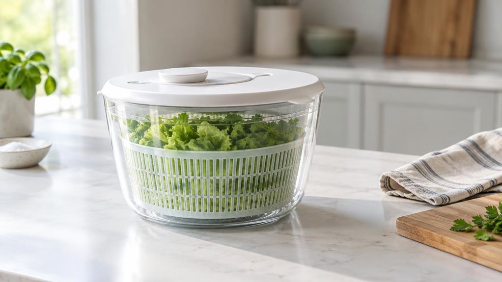 A photograph of a single foldable salad spinner resting on a bright, uncluttered kitchen counter, composed horizontally in a 16:9 landscape frame. Its clear bowl reveals crisp green lettuce and a few leafy herbs, while the simple white lid and compact folding design are clearly visible. A folded tea towel and a small wooden cutting board sit nearby, suggesting an everyday home kitchen without distracting from the product. The scene feels candid and observational, as though ca