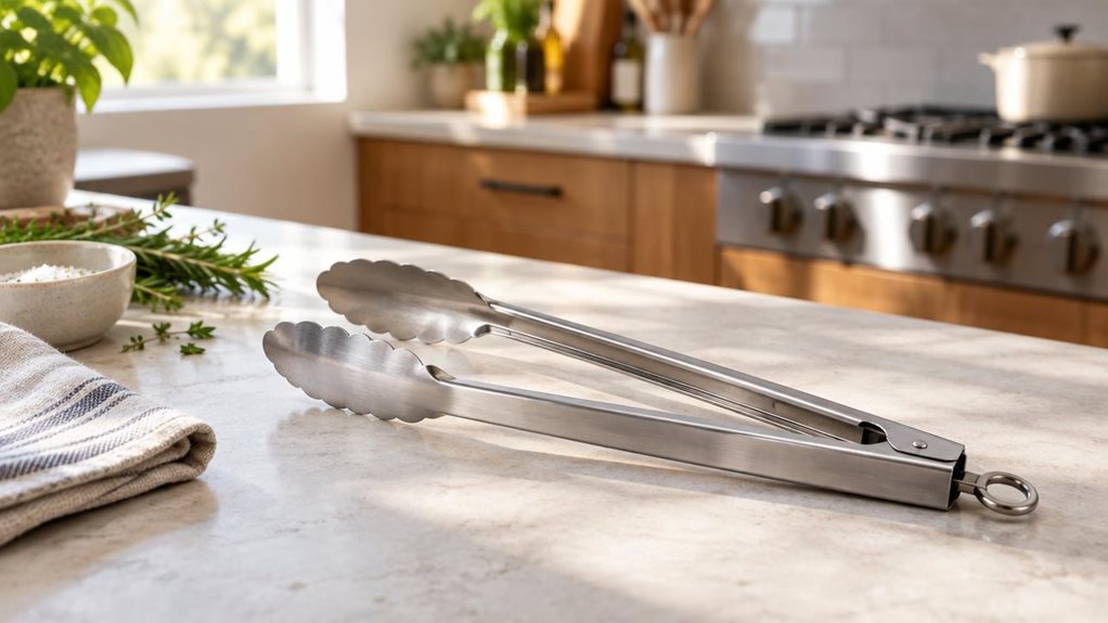 A photograph of a single pair of stainless-steel universal kitchen tongs resting diagonally on a pale stone countertop in a calm, modern home kitchen. The tongs are the clear hero, their brushed metal arms and gently scalloped gripping ends sharply rendered, with subtle highlights that reveal realistic texture and craftsmanship. Nearby, a folded linen towel, a small ceramic bowl, and a few fresh herbs suggest everyday cooking without distracting from the product. In the softl