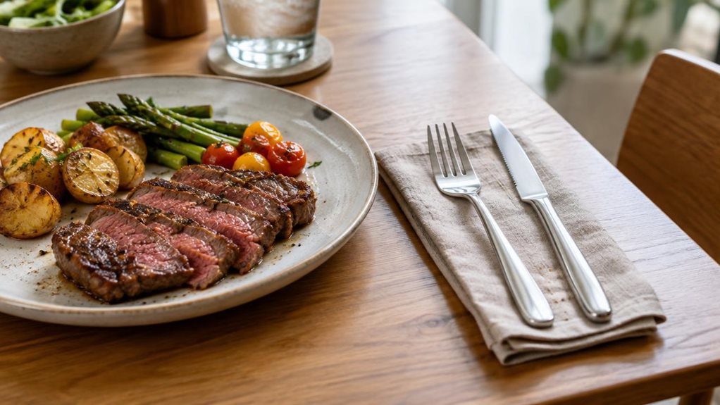 A photograph of a single steak cutlery set arranged neatly beside a ceramic dinner plate on a modern wooden dining table, captured in a horizontally composed 16:9 landscape scene. The polished stainless-steel knife and fork rest on a folded linen napkin, their gently curved handles and finely serrated blade catching the soft daylight from a nearby window. A sliced steak and a few simple side dishes sit on the plate, grounding the cutlery in a natural dining setting without ma