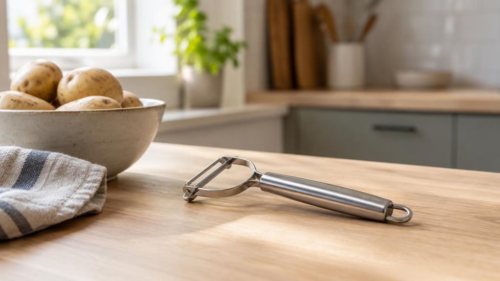 A photograph of a single stainless-steel potato peeler resting casually on a clean, light-oak kitchen counter, framed in a horizontal 16:9 landscape composition. The peeler is the clear hero of the scene, placed naturally beside a small ceramic bowl of washed potatoes and a folded linen towel, suggesting a real home kitchen used for everyday prep. Soft morning light enters from a nearby window, creating gentle highlights along the polished metal and subtle shadows across the 