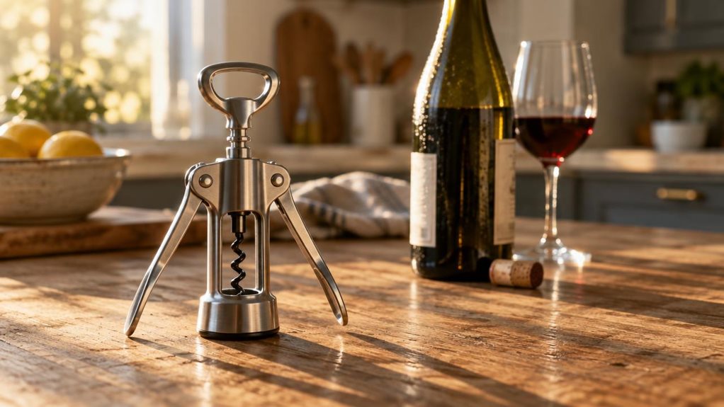 A photograph of a polished stainless steel dual lever corkscrew resting on a weathered wooden kitchen island, its twin arms slightly raised as if just set down after use. Beside it, an uncorked wine bottle leans casually, a faint droplet of condensation visible on the glass. Warm late-afternoon sunlight streams in from a nearby window, casting soft golden highlights along the corkscrew's curved metal body and creating gentle, elongated shadows across the countertop's grain. I