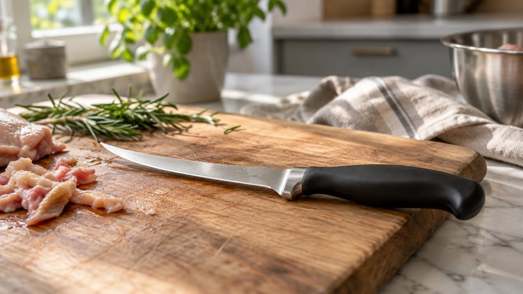 A photograph of a ZWILLING Four Star boning knife resting diagonally on a wooden cutting board in a sunlit kitchen, its curved, narrow blade catching soft daylight streaming in from a nearby window. The black polymer handle shows subtle ergonomic contouring, placed beside a few sprigs of fresh rosemary and a small pile of trimmed chicken scraps, suggesting recent use without any hands or motion in frame. The cutting board sits atop a light marble countertop, with a linen kitc
