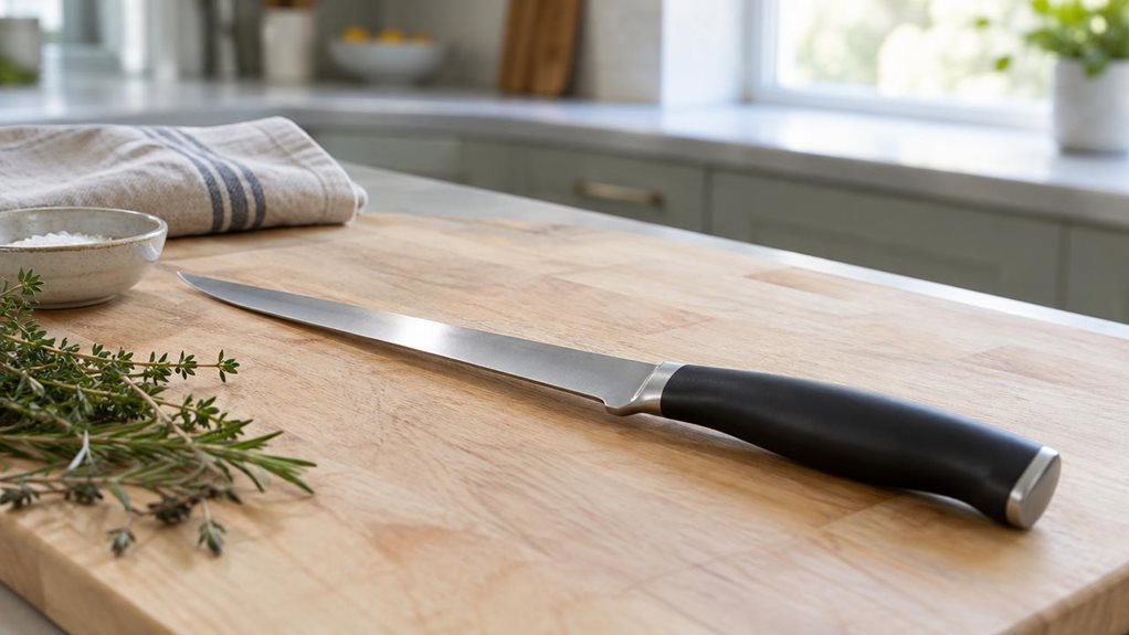 A photograph of a single fillet knife resting naturally on a pale wooden cutting board in a clean, modern kitchen, composed as a 16:9 landscape scene. The long, narrow stainless-steel blade catches a soft glint of daylight from a nearby window, while its smooth black handle sits comfortably in the foreground. A folded linen towel, a small ceramic dish, and a few sprigs of fresh herbs add understated context without distracting from the knife. The scene feels candid and observ