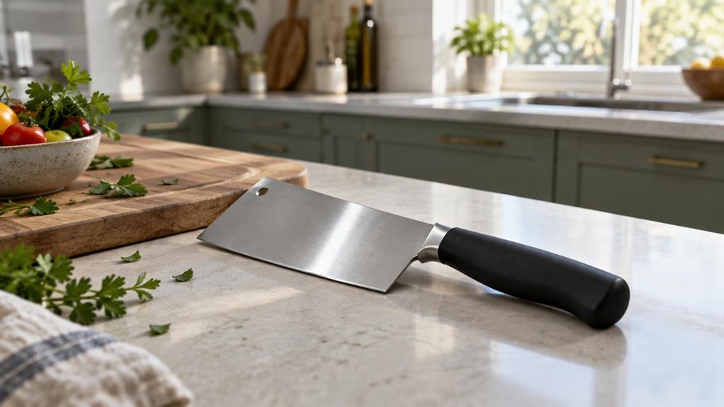 A photograph of a single 15 cm cleaver resting on a pale stone kitchen counter, its broad stainless-steel blade catching a soft strip of window light and its matte black handle angled toward the foreground. The knife sits beside a wooden cutting board with a few casually scattered herb leaves and a small bowl of vegetables, suggesting an everyday home kitchen without showing anyone using it. The horizontally composed 16:9 landscape scene is framed at counter height, with the 