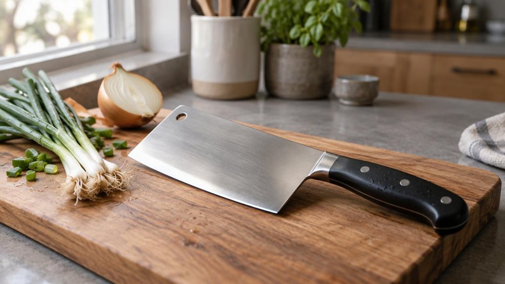 A photograph of a ZWILLING FOUR STAR Cleaver 15cm resting diagonally on a wooden cutting board in a modern kitchen, positioned on a stone countertop near a window. The steel blade reflects soft, natural daylight streaming in from the left, casting a subtle highlight along its polished edge. Beside the cleaver, a few fresh scallions and a halved onion sit loosely, suggesting recent use without any motion captured—entirely still and candid. The black, ergonomic handle shows fai