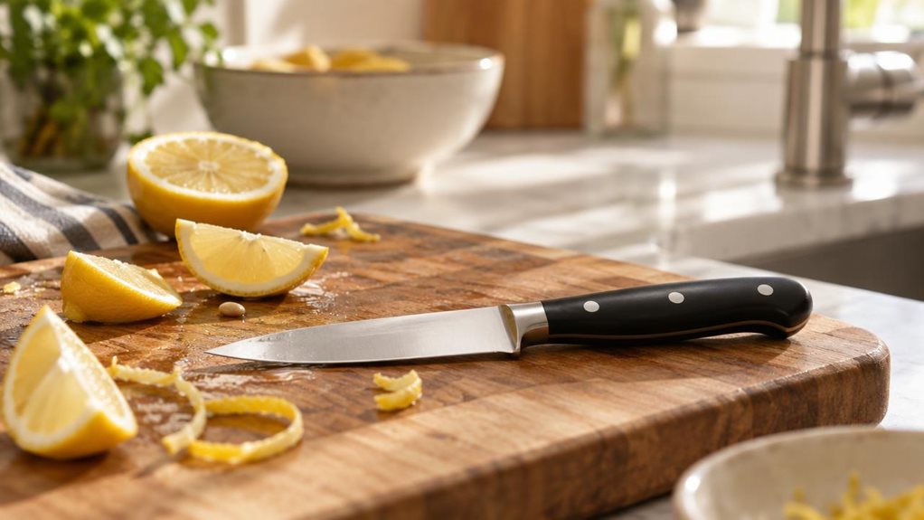 A photograph of a single Zwilling FOUR STAR paring knife resting diagonally atop a wooden cutting board on a sunlit kitchen counter. The blade's polished steel catches soft morning light streaming through a nearby window, reflecting subtle highlights along its curved edge. The ergonomic handle, with its signature bolster design, sits slightly angled, as though just set down after slicing a few wedges of lemon scattered nearby. A handful of citrus peels and a small paring boar