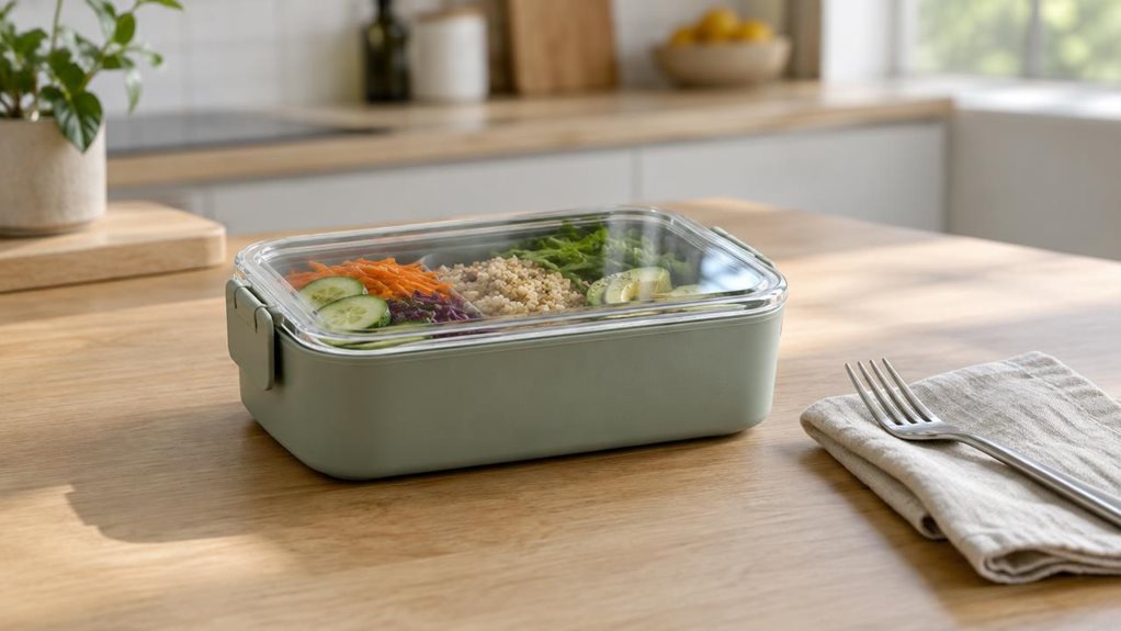 A photograph of a single sleek, rectangular lunch box resting on a light oak kitchen counter, composed horizontally in a 16:9 landscape frame. The matte, pale sage-green container has softly rounded corners and a clear lid secured with subtle side clips, with a neatly arranged lunch of sliced vegetables, grains, and greens visible inside. A folded linen napkin and a simple fork sit nearby, suggesting an everyday meal prepared to take along, while the uncluttered modern kitche