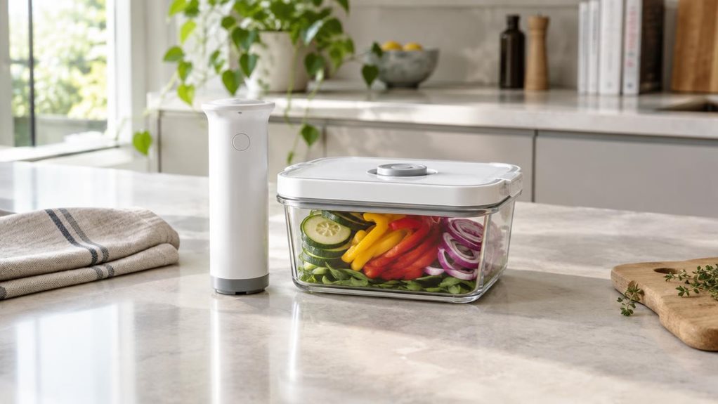 A photograph of a ZWILLING Fresh & Save vacuum food starter kit, arranged neatly on a pale stone kitchen island in a bright, modern home. The single kit is the clear hero: a compact white vacuum sealer beside a transparent storage container with a fresh assortment of sliced vegetables inside, presented as one coordinated product set. A folded linen tea towel and a small wooden cutting board sit nearby, adding a casual, lived-in touch without distracting from the product. The 