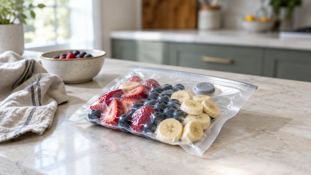 A photograph of a single reusable vacuum food bag resting on a pale stone kitchen counter, its clear plastic revealing neatly stored fresh berries and sliced fruit. The bag’s subtle valve and clean, unmarked surface are visible, with no branding or text. A softly rumpled linen towel and a small ceramic bowl sit nearby, suggesting an everyday home kitchen without distracting from the product. The scene is horizontally composed in a 16:9 landscape format, photographed from a na