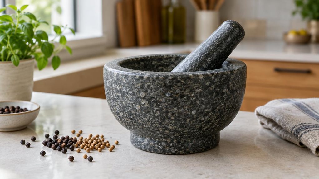 A photograph of a single granite mortar and pestle resting on a pale stone kitchen counter, composed horizontally in a 16:9 landscape frame. The mortar is the clear hero: a substantial bowl of dark, finely speckled granite, with its matching pestle set casually inside. A few whole peppercorns and coriander seeds sit nearby, suggesting its place in everyday cooking without showing anyone in action. In the softly blurred background, a tidy modern kitchen includes warm wooden ca