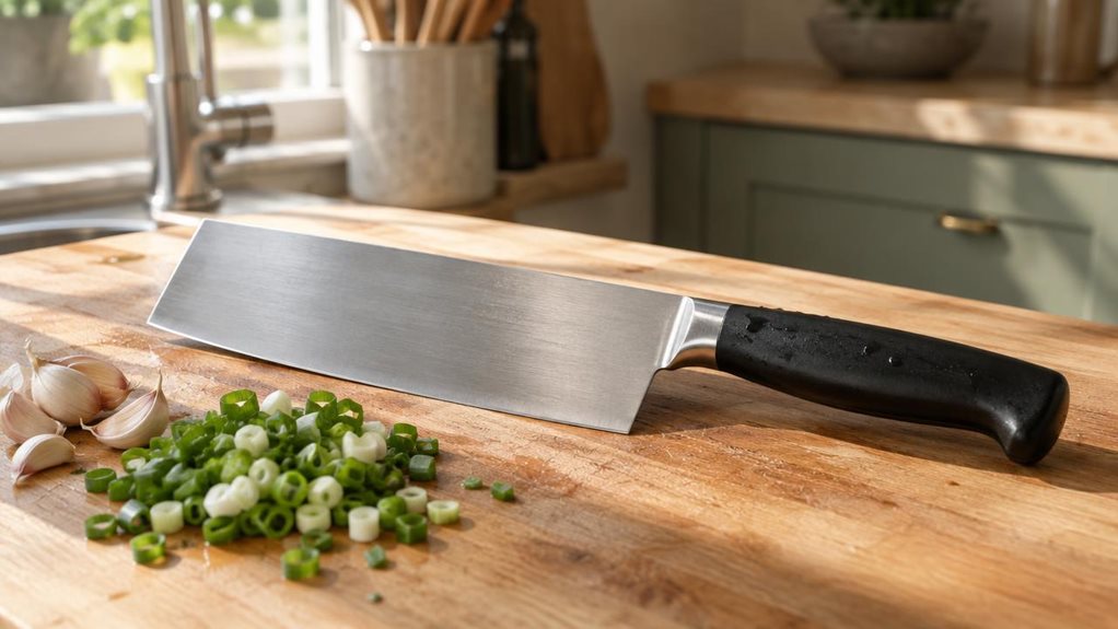 A photograph of a ZWILLING Gourmet Chinese Chef's Knife resting on a wooden cutting board in a sunlit kitchen, composed in a horizontal 16:9 frame. The wide rectangular blade catches soft morning light streaming through a nearby window, highlighting subtle brushed steel texture along its surface. The knife rests at a gentle diagonal, beside a small pile of freshly sliced scallions and a few cloves of garlic, suggesting recent use without any hands or motion in frame. The blac