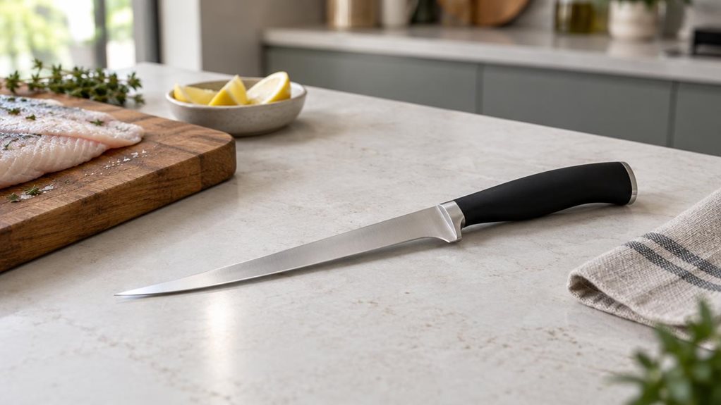 A photograph of a single filleting knife resting diagonally on a clean, pale stone countertop in a modern home kitchen, its long, narrow stainless-steel blade and matte black handle clearly visible. A wooden cutting board, a folded linen towel, and a small dish of lemon wedges sit nearby, suggesting a natural place for preparing fish without showing anyone mid-action. The knife is the quiet hero of the scene, captured casually from a slightly elevated angle with the feel of h