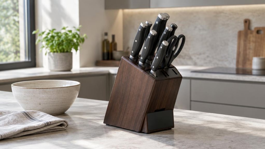 A photograph of a ZWILLING Gourmet self-sharpening knife block on a light stone kitchen countertop, composed horizontally in a 16:9 landscape frame. The single knife block is the clear hero, with its dark wooden sides, neatly arranged knife handles, and subtle sharpening slots rendered in realistic detail. It sits naturally beside a pale ceramic bowl and a folded linen towel, suggesting an everyday home kitchen without appearing staged. Soft daylight enters from a nearby wind
