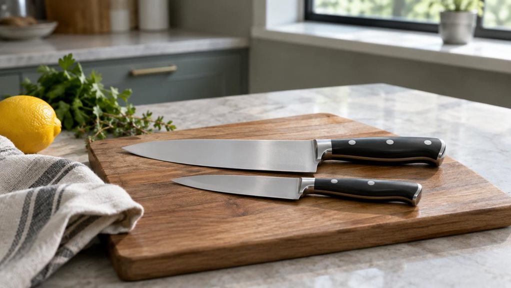 A photograph of a two-piece precision knife set arranged on a pale stone countertop in a calm, modern home kitchen, composed horizontally in a 16:9 landscape frame. The chef’s knife and smaller utility knife rest neatly side by side on a simple wooden cutting board, their polished steel blades catching soft window light and their dark, ergonomic handles clearly visible. A few understated ingredients—a lemon, fresh herbs, and a folded linen towel—sit nearby, suggesting everyda