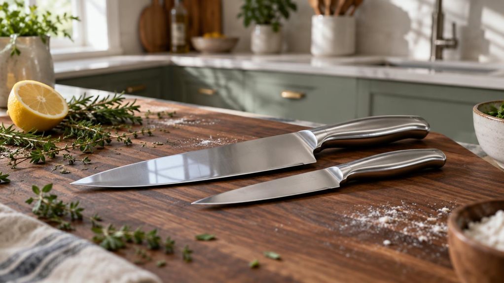 A photograph of a kitchen countertop scene in soft morning light, composed in a horizontal 16:9 frame. Two stainless steel knives rest side by side on a dark walnut cutting board—a chef's knife and a smaller utility knife—both featuring polished, ergonomic handles and precision-forged blades that catch subtle glints of window light. The larger blade shows faint reflections of a nearby window frame, suggesting recent use. Scattered nearby are a few fresh herb sprigs, a lemon h