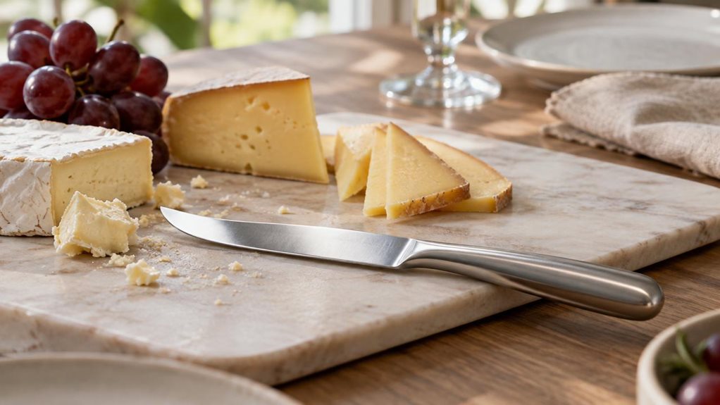 A photograph of a single elegant dinner cheese knife resting naturally on a pale stone serving board beside a few neatly arranged wedges of soft and semi-hard cheese. The knife has a slim, polished stainless-steel blade with a gently rounded tip and a smooth, understated handle, free of any visible markings. A few crumbs and a small cluster of grapes add a casual, lived-in touch without distracting from the product. The scene is set on a modern dining table near a window, wit