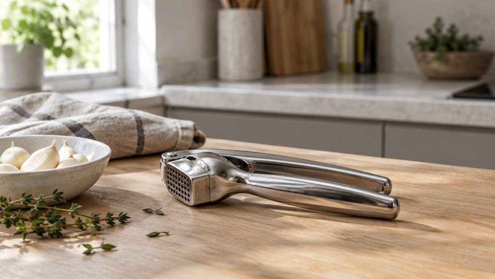 A photograph of a sleek stainless-steel garlic press resting casually on a light oak kitchen counter beside a small ceramic bowl of peeled garlic cloves, a folded linen towel, and a few subtle herb sprigs. The scene is horizontally composed in a 16:9 landscape frame, styled like an observational lifestyle shot in a modern, minimalist kitchen with pale stone surfaces and matte cabinetry. Soft morning light streams in from a nearby window, creating gentle highlights on the poli
