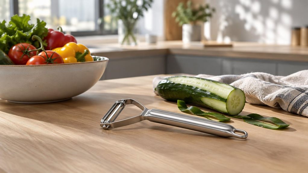 A photograph of a sleek 17 cm classic pendulum peeler resting naturally on a light oak kitchen counter, styled as a refined lifestyle scene in a modern home. The horizontally composed 16:9 landscape frame captures the peeler lying beside a half-peeled cucumber, a linen tea towel, and a ceramic bowl of fresh vegetables, suggesting everyday use without any action in progress. The tool has a polished metal finish, clean ergonomic lines, and a minimalist, premium look, heroed aga