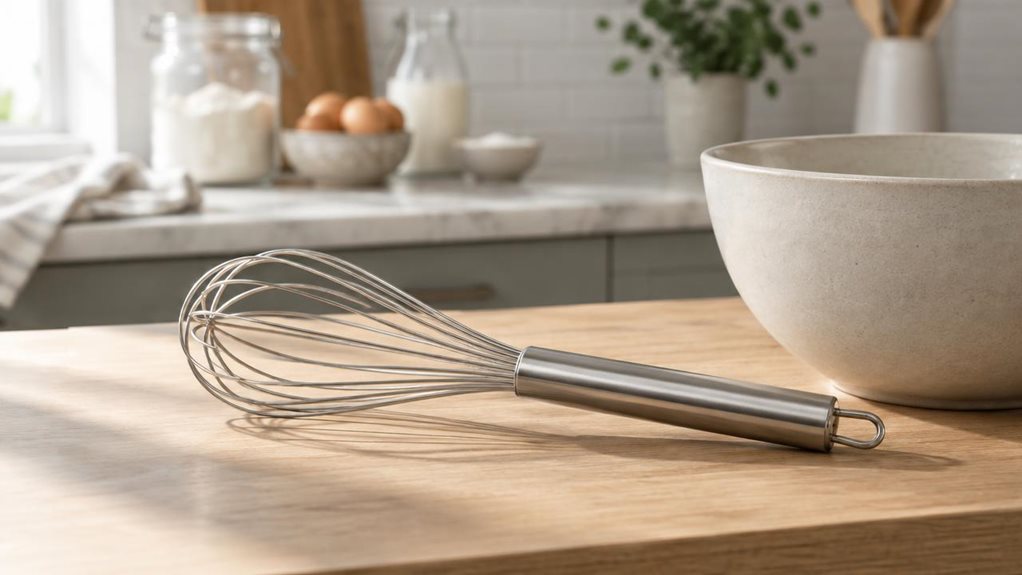 A photograph of a single sleek stainless steel whisk resting casually on a light oak kitchen counter beside a matte ceramic mixing bowl, captured in a horizontally composed 16:9 landscape frame. The whisk is the clear hero of the scene, positioned naturally as if someone had just set it down after a quiet baking session, with no hands visible and no sense of motion. Soft morning light streams in from the side, creating gentle highlights along the polished wires and subtle sha