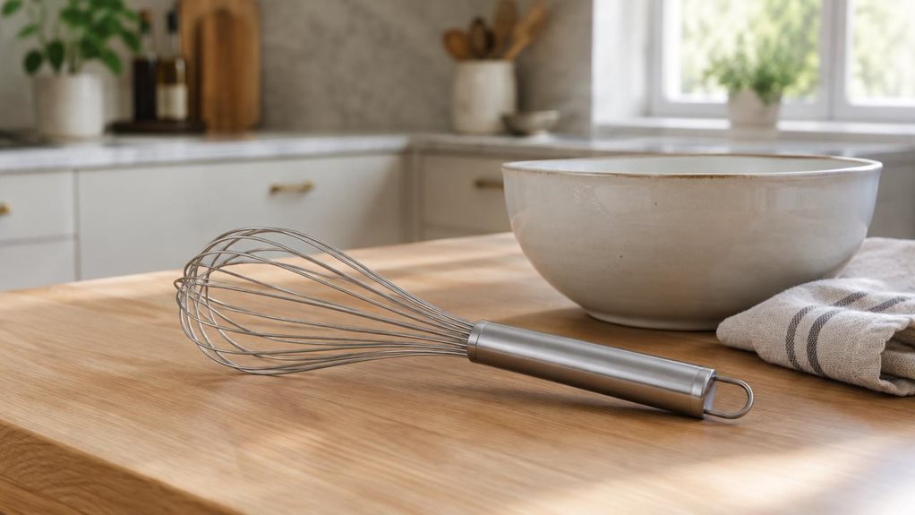 A photograph of a sleek stainless-steel whisk resting naturally on a light oak kitchen counter, captured in a horizontally composed 16:9 landscape frame with a calm, editorial lifestyle feel. The whisk is heroed in a modern, softly styled kitchen setting, placed beside a ceramic mixing bowl and a neatly folded linen towel, suggesting a quiet moment after prep rather than active use. Its polished wires and comfortable handle catch gentle natural window light, creating subtle h