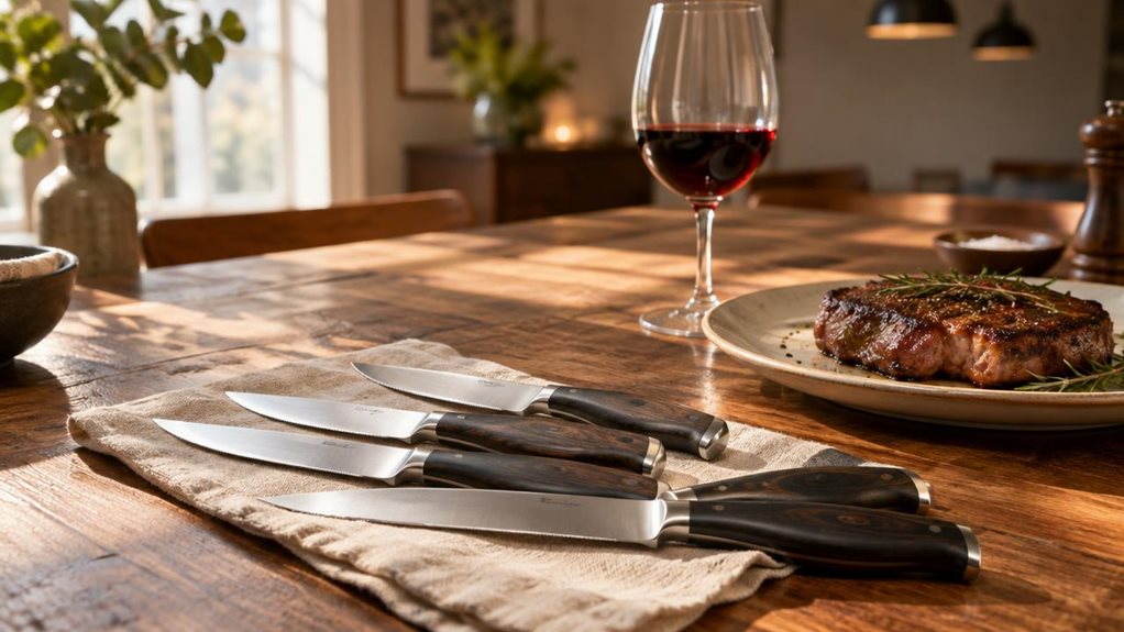 A photograph of a set of four steak knives with polished stainless steel blades and dark, contoured handles, resting on a linen napkin atop a rustic wooden dining table. The knives are arranged casually, slightly overlapping, as if just unboxed or set out before a dinner gathering. Beside them sits a simply plated roasted steak with a touch of rosemary garnish, along with a half-filled glass of red wine catching a glint of natural light. Soft, warm sunlight pours in from a ne
